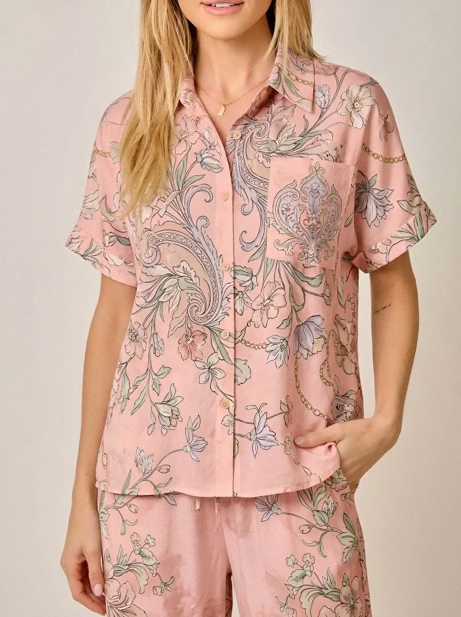 Women's Floral Paisley Chain Pattern Printed Button-Down Shirt