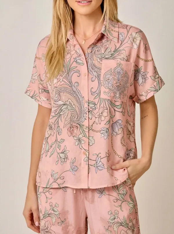 Women's Floral Paisley Chain Pattern Printed Button-Down Shirt