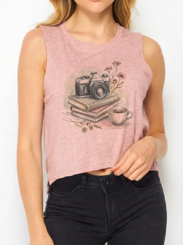 Women's Photography Book Coffee Lover Printed Crop Tank Top