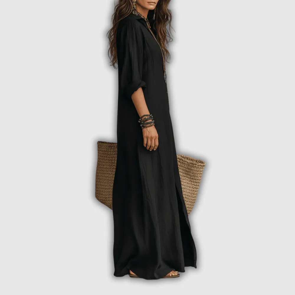 Linen Shirt Style Relaxed Maxi Dress