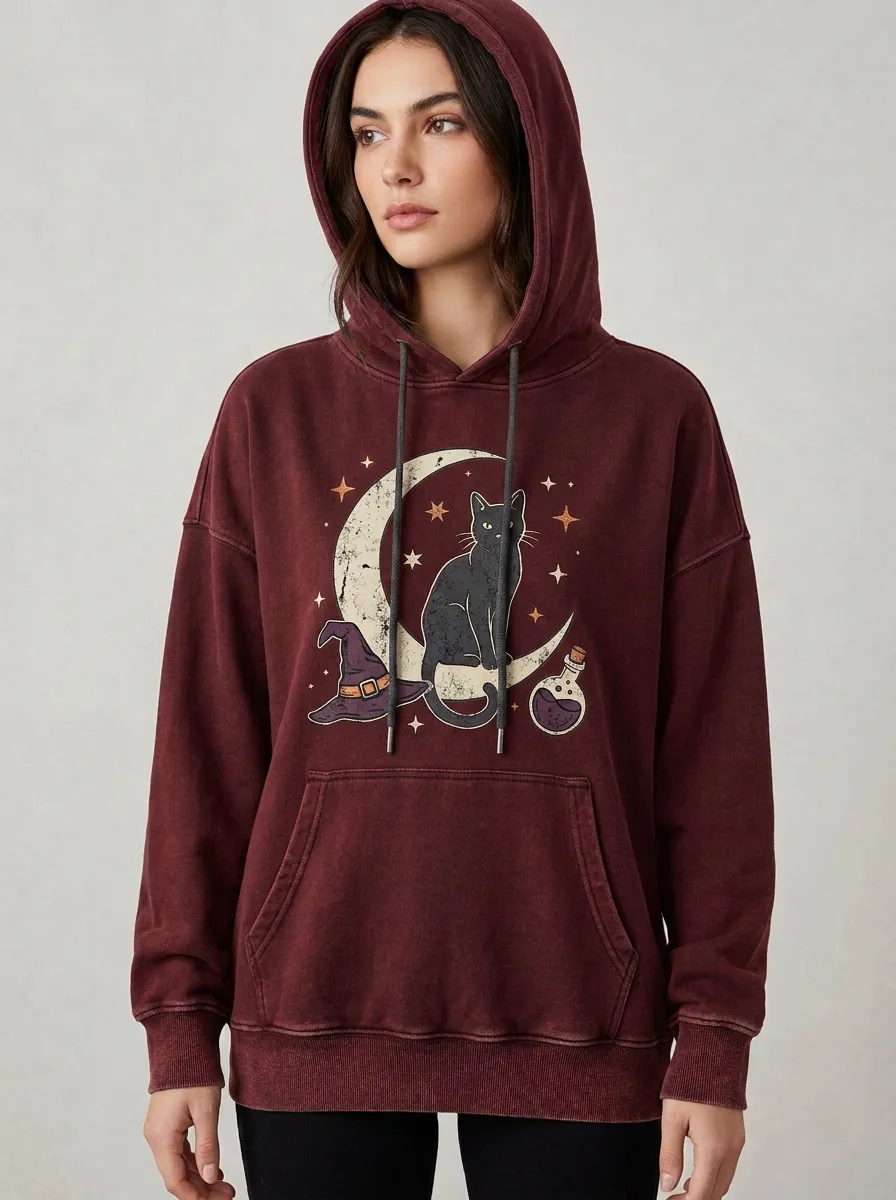 Women's Halloween Witchy Cat Moon Printed Hoodie