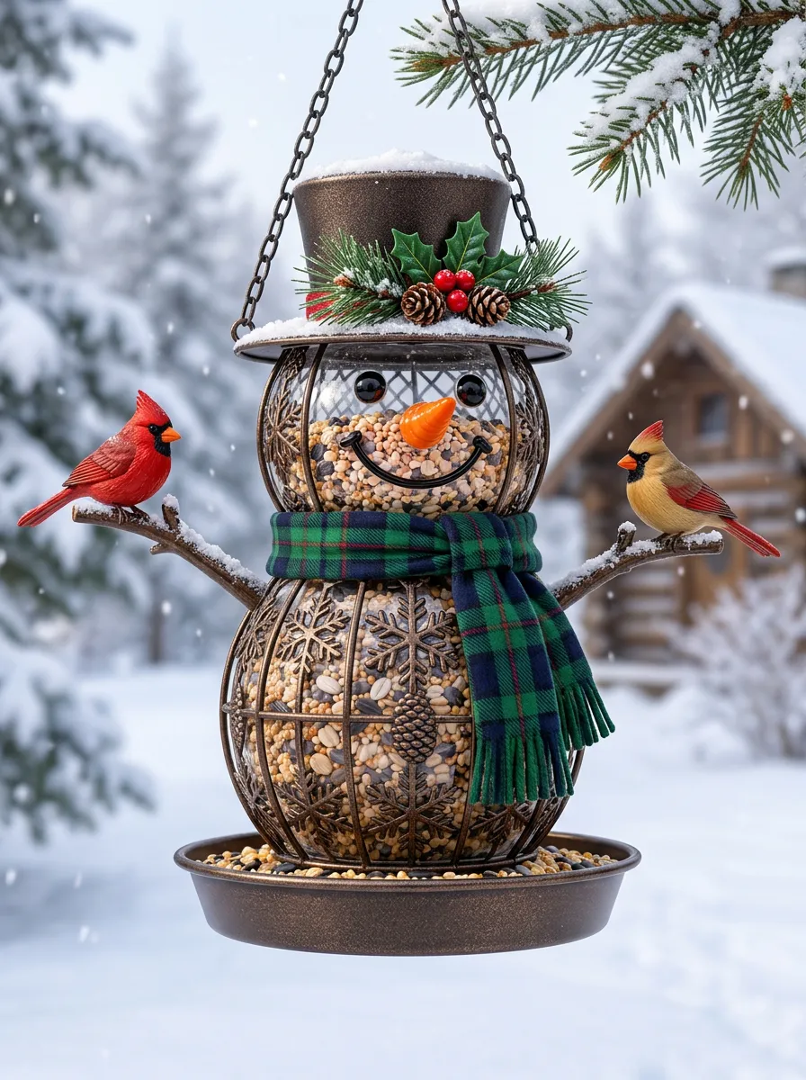 Seasonal Snowman Cardinal Christmas Bird Feeder