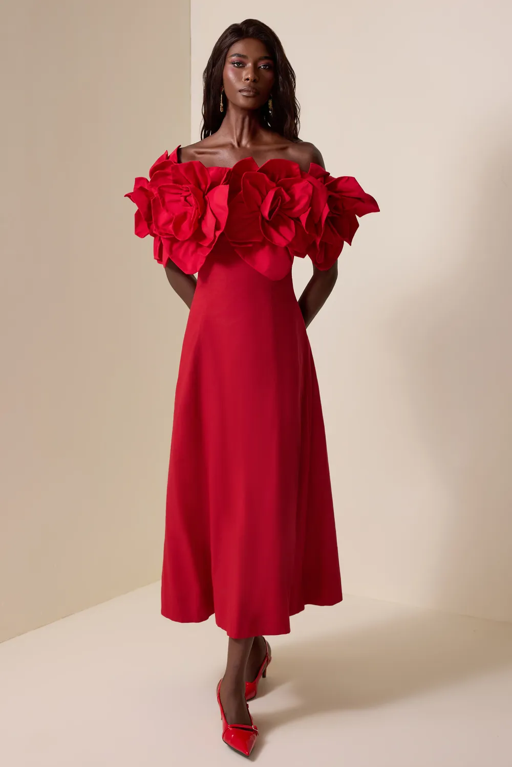 3D Flower Solid Off-Shoulder Midi Dress