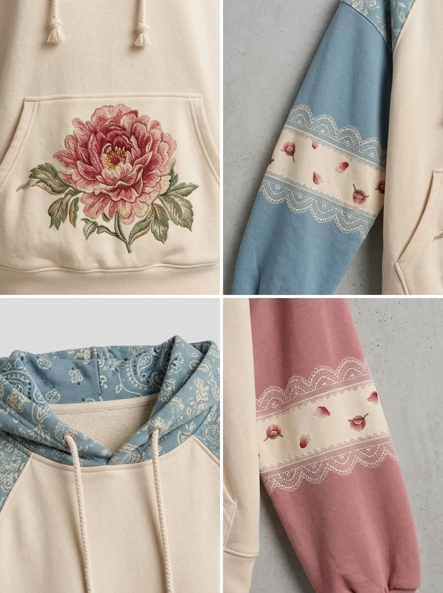 Women's Western Floral Peony Lace Patchwork Printed Hoodie