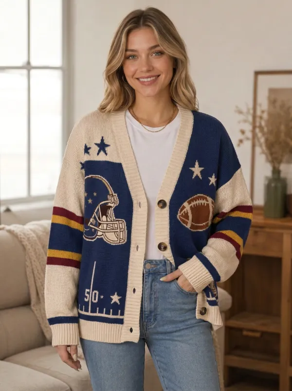 Women's Athletic Inspired Helmet Football Ball Knitted Cardigan