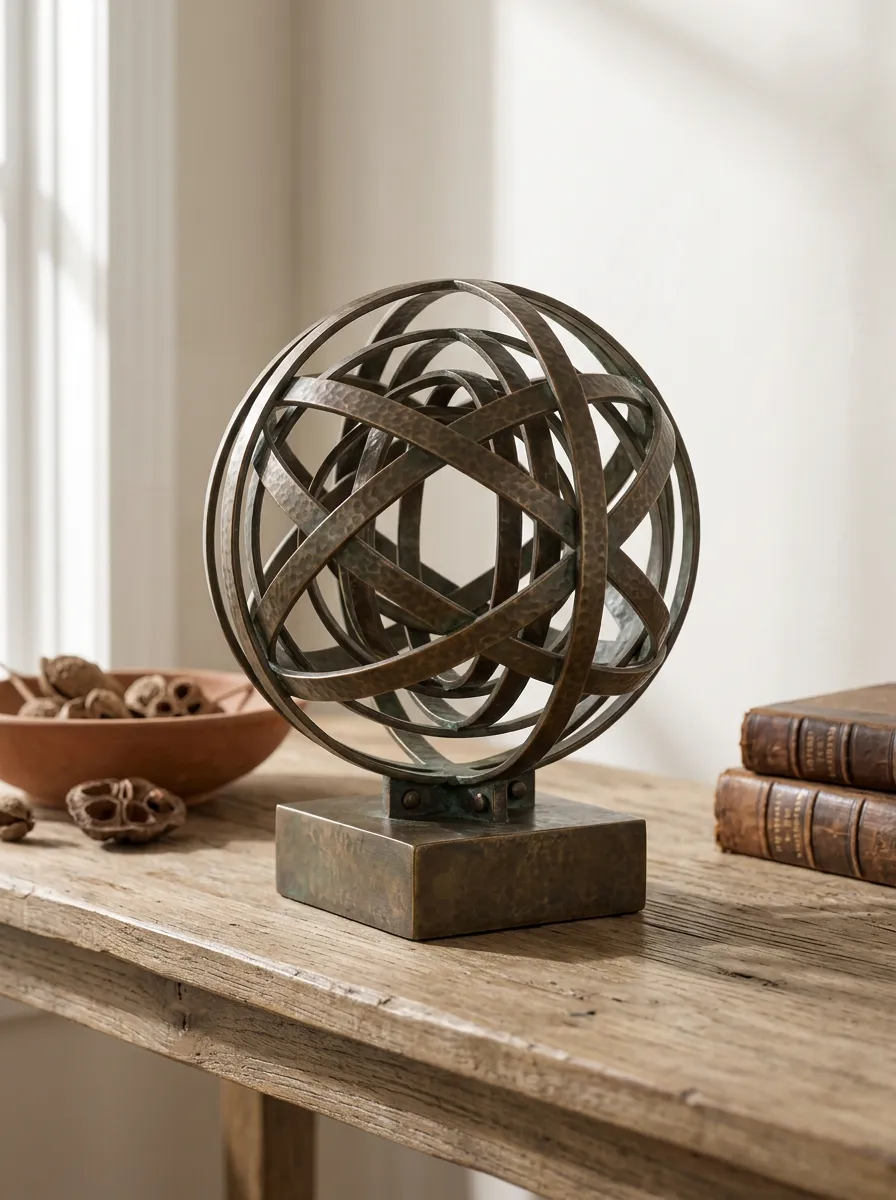 Modern Home Decor Bronze Hammered Metal Interlocking Sphere Table Ornament