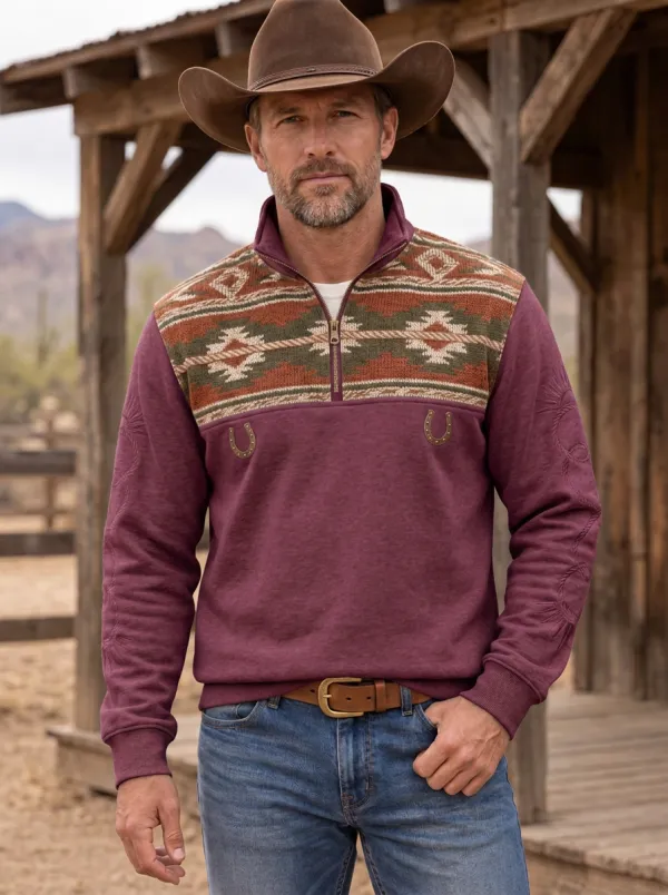 Men's Western Cowboy Horseshoe Horse Southwestern Half-Zip Sweatshirt