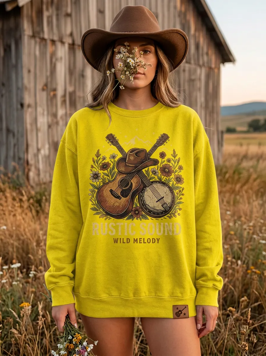 Western Guitar Banjo Women's Country Music Crew Neck Sweatshirt