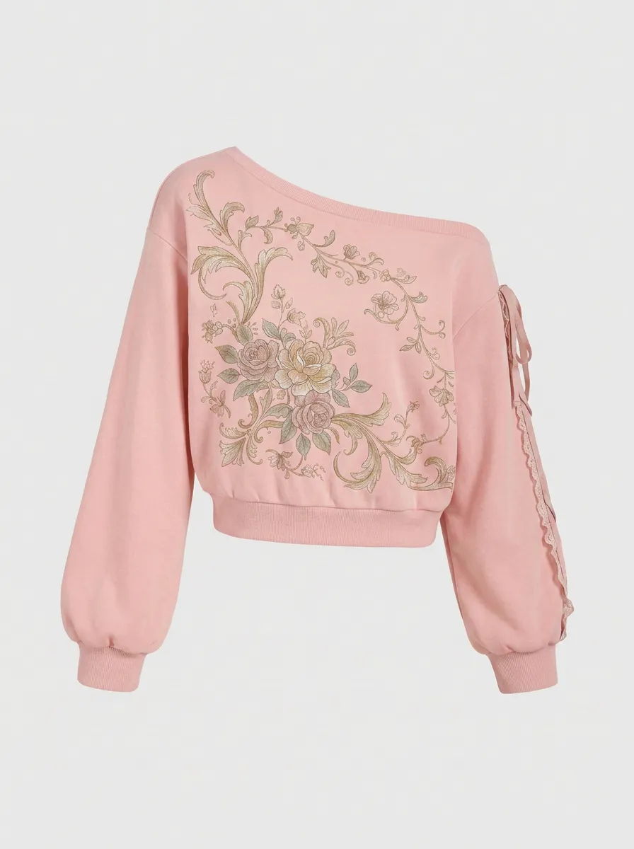 Women's Vintage Floral Baroque Printed One-Shoulder Sweatshirt
