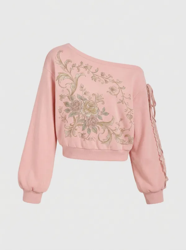 Women's Vintage Floral Baroque Printed One-Shoulder Sweatshirt