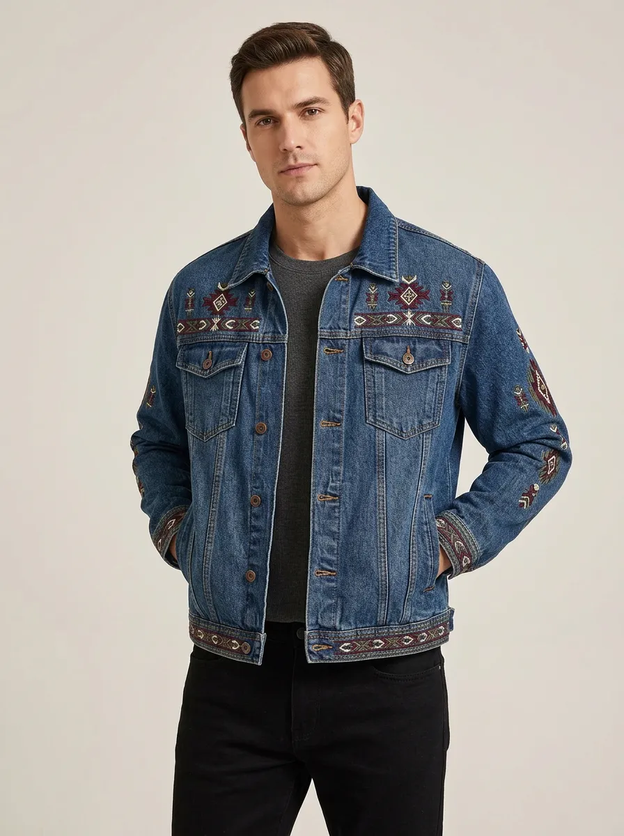 Men's Tribal Western Inspired Embroidered Denim Jacket