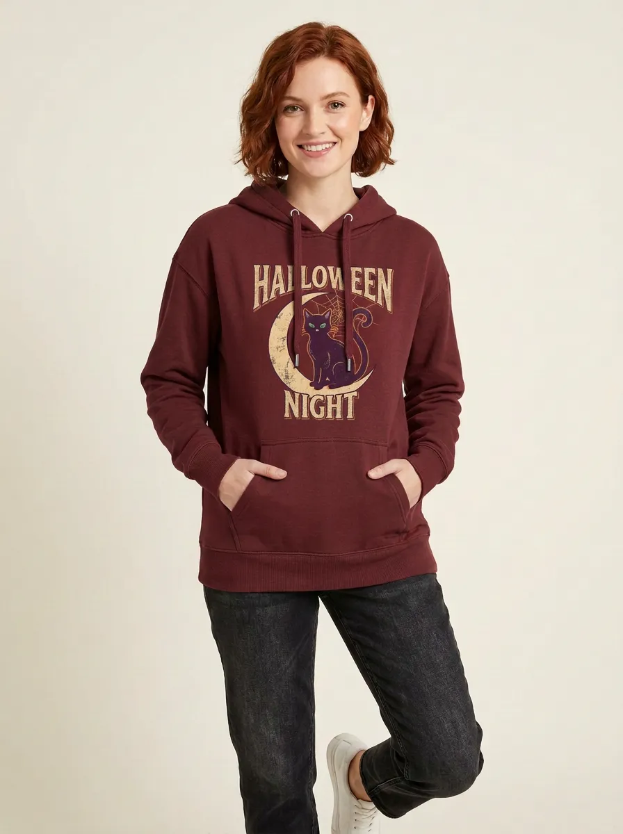 Women's Halloween Night Black Cat Moon Printed Hoodie