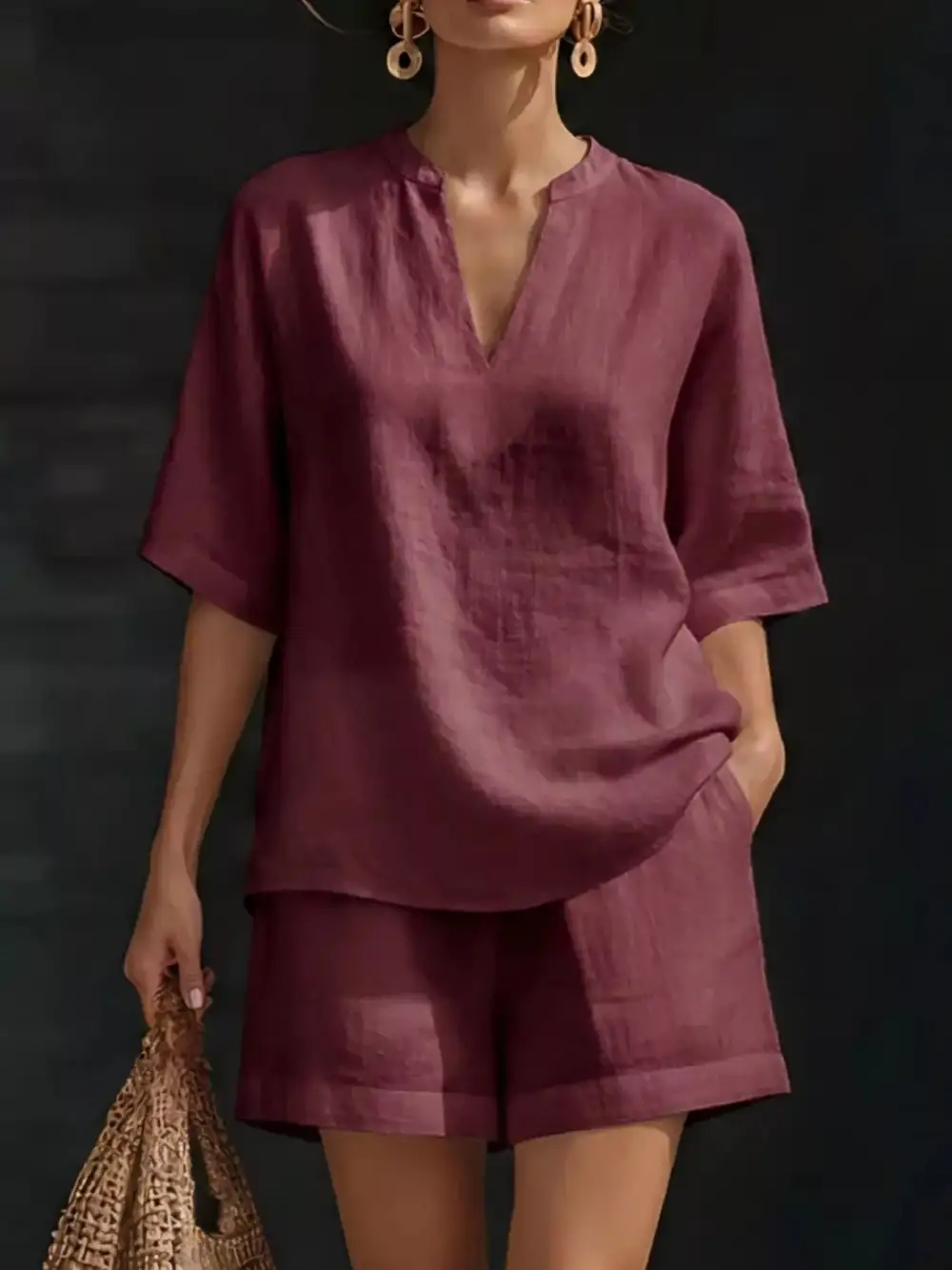 Notched Half Sleeve Top Shorts Set Plus
