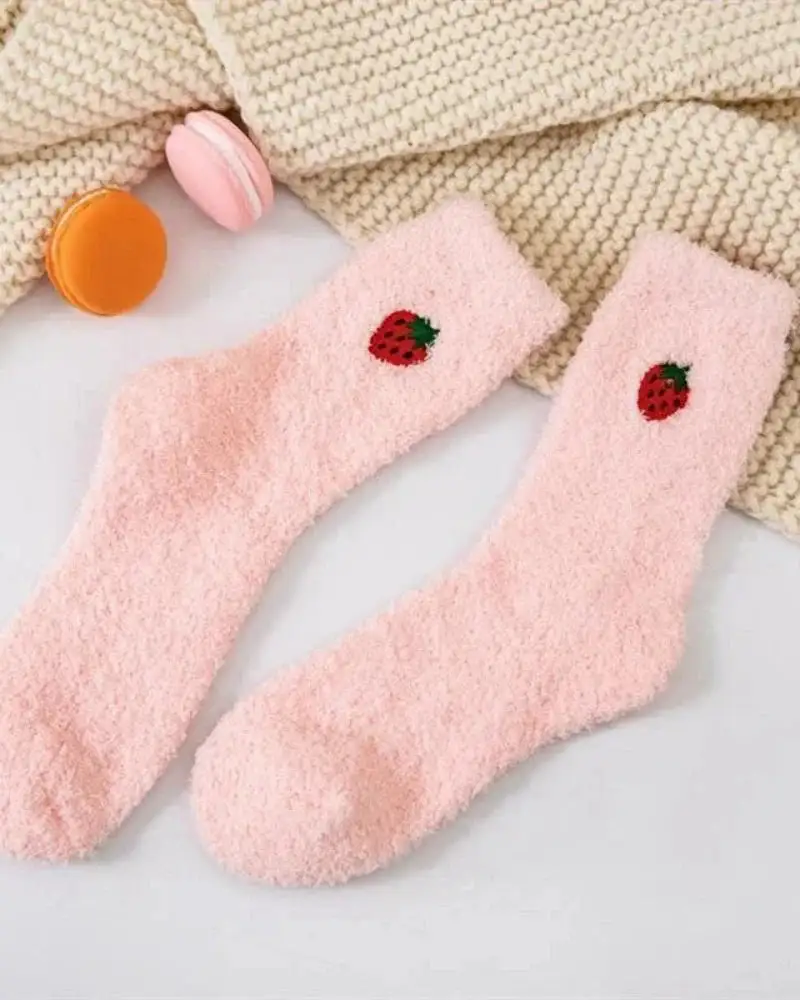 Plush Cherry Embroidered Knee High Socks