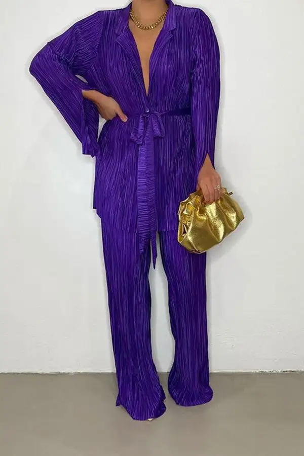 Modern Belted Pleated Pant Suit