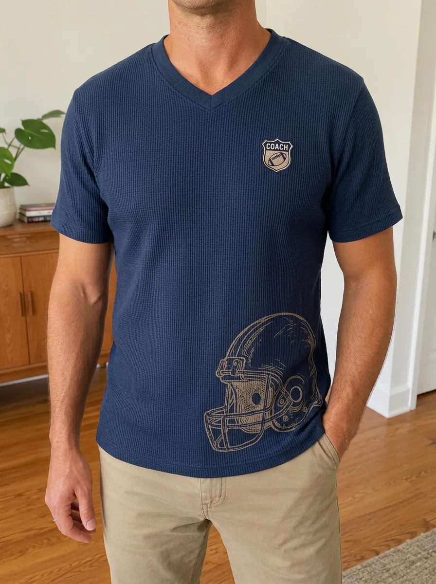 Men's Football Coach Helmet Printed Waffle Knit V-Neck Shirt