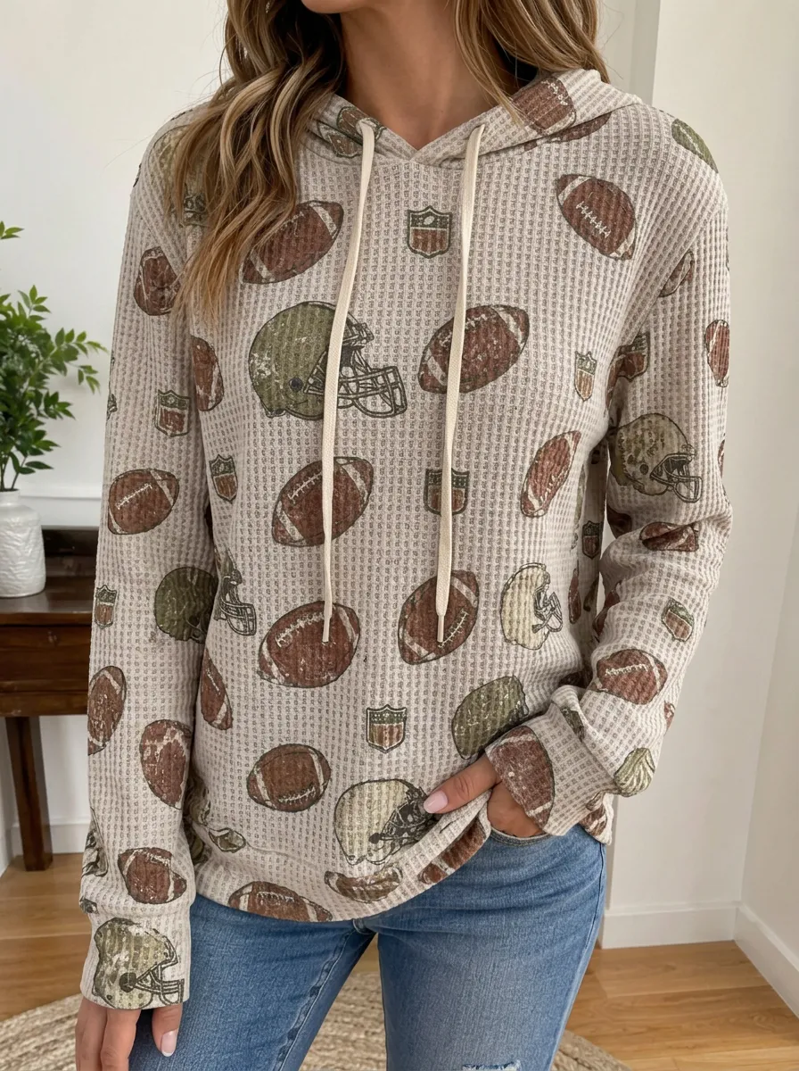 Women's Heritage Football Fan Helmet Ball Pattern Printed Waffle Hoodie