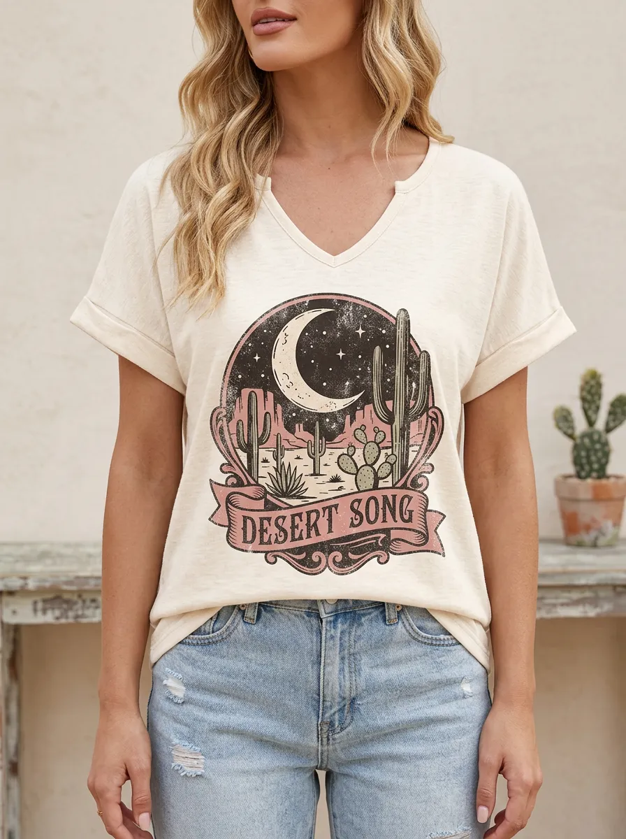Women's Western Desert Song Cactus Moon Printed V-Neck T-Shirt