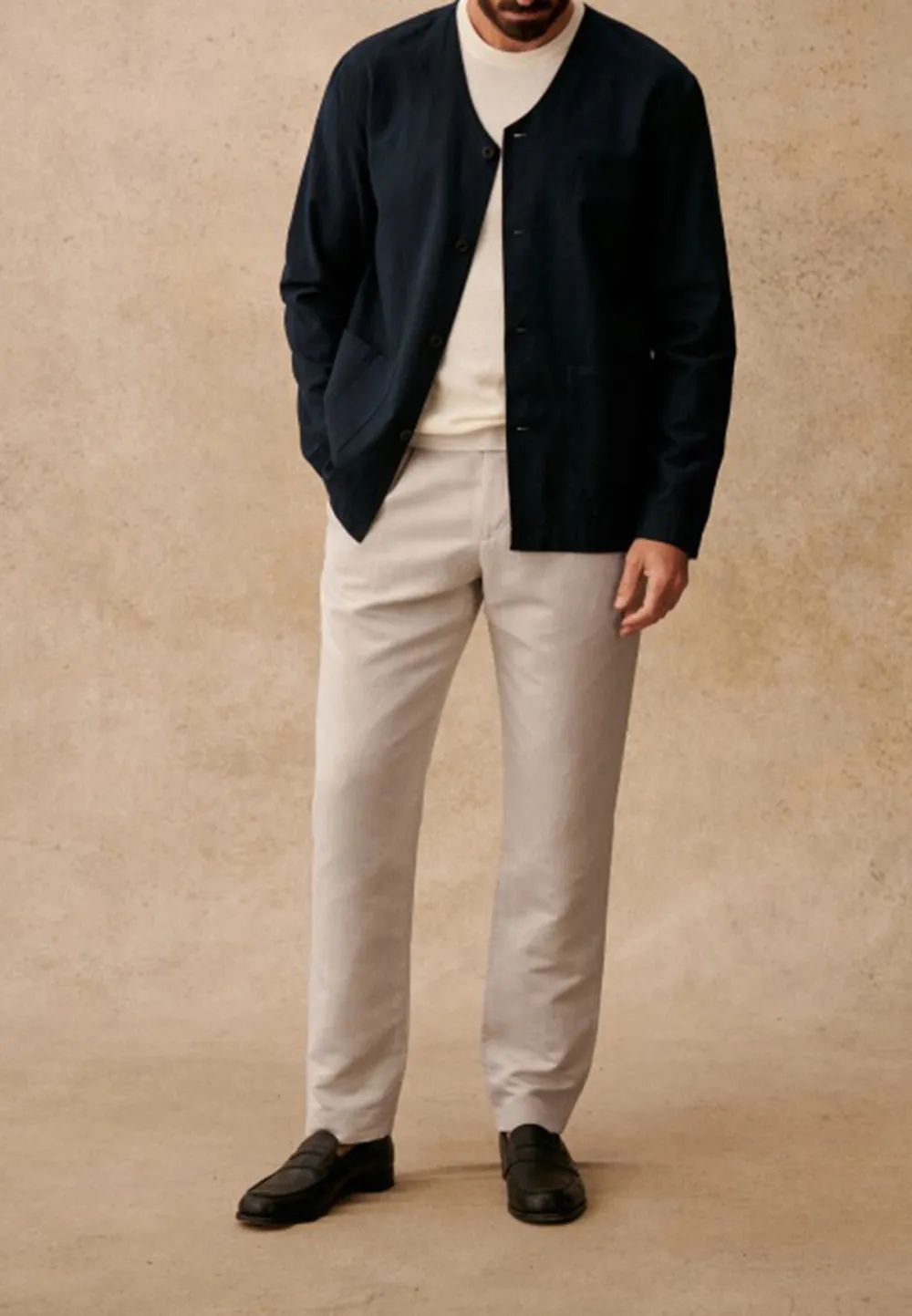 Cream Beige V-Neck Relaxed Fit Casual Jacket