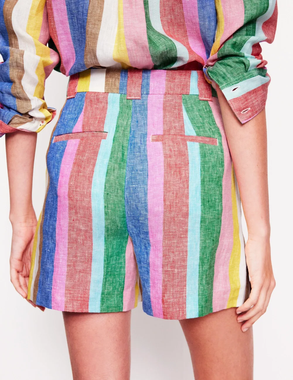 Linen Shorts -Bright Rainbow Stripe