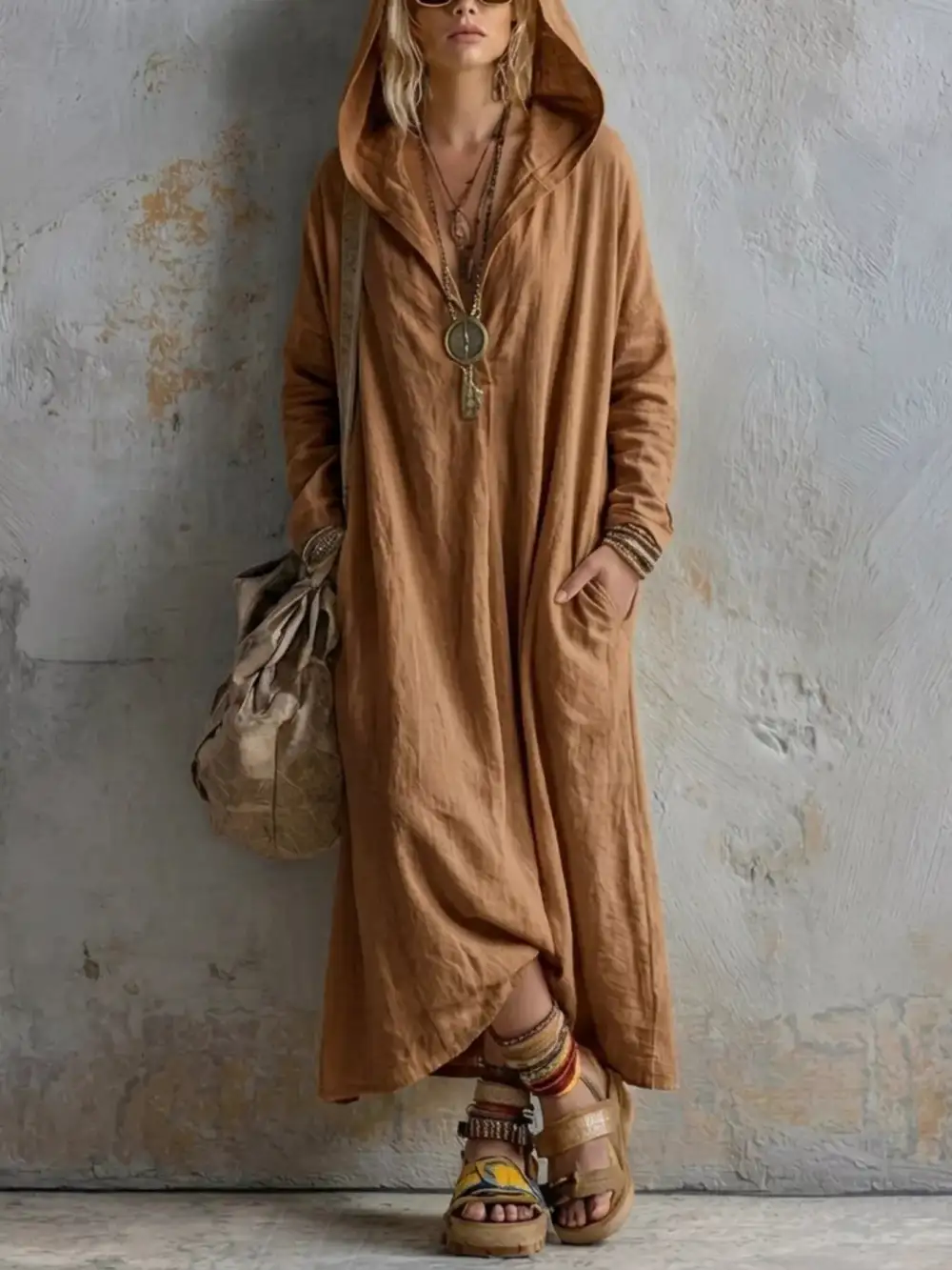Long Sleeve Hooded Midi Dress With Pockets
