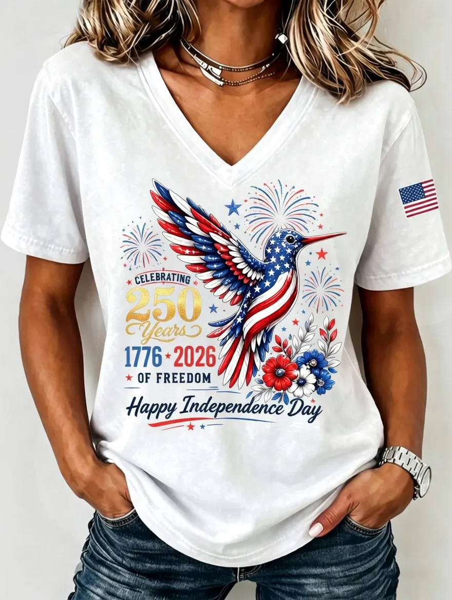 Women'S American Flag Hummingbird Printed Casual V-Neck T-Shirt