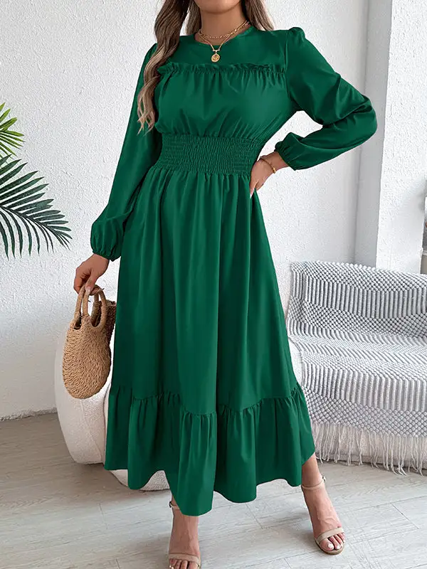 Elasticated Pleated Neck Maxi Dress