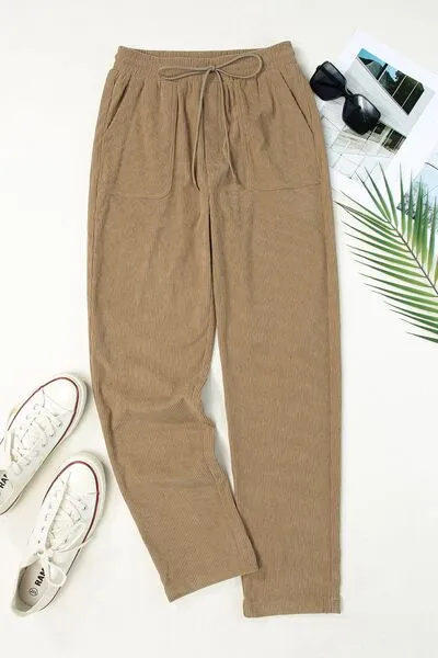 Drawstring Straight Pants With Pocket