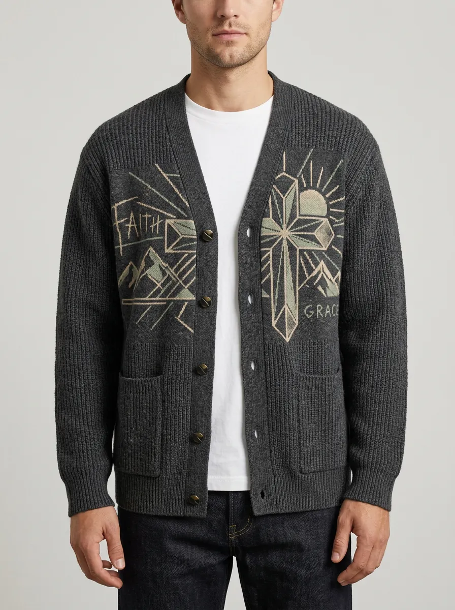 Men's Christian Faith Grace Cross Mountain Printed Cardigan