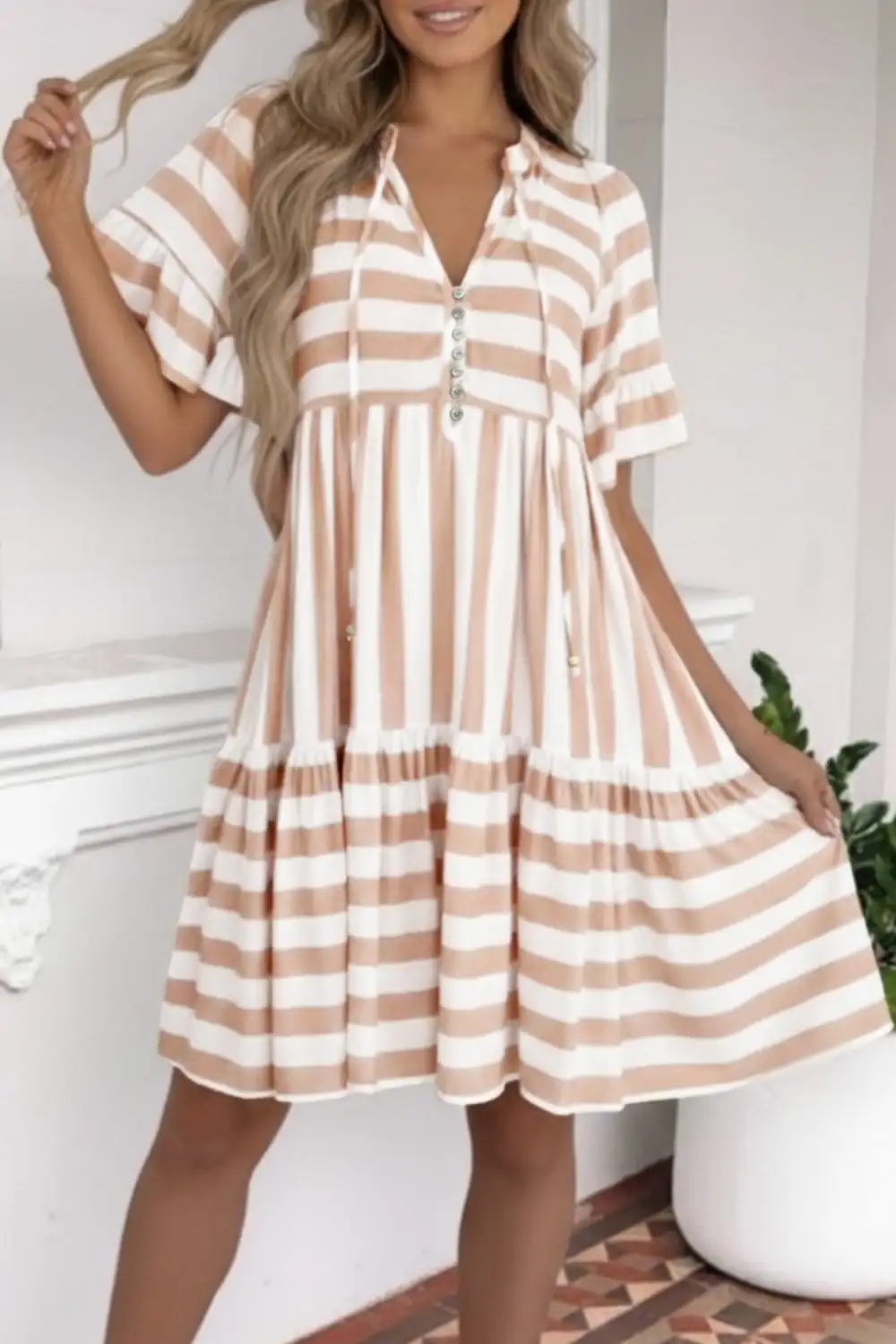 Striped Ruffle Trim Tie Detail Mini Dress