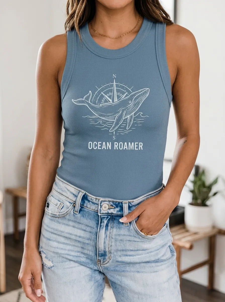 Women's Ocean Lover Compass Whale Printed Ribbed Tank Top