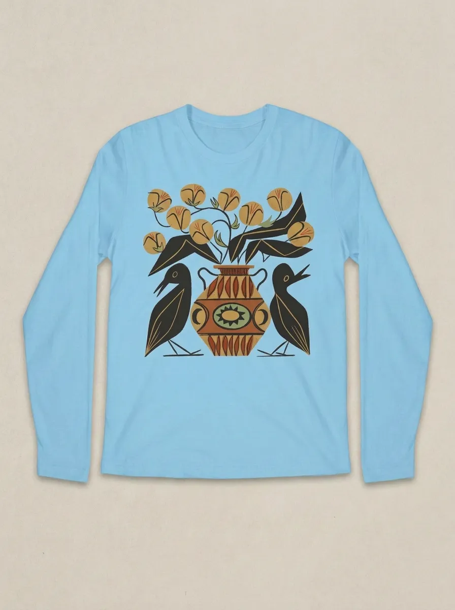 Unisex Folk Art Bird And Floral Vase Long Sleeve Shirt
