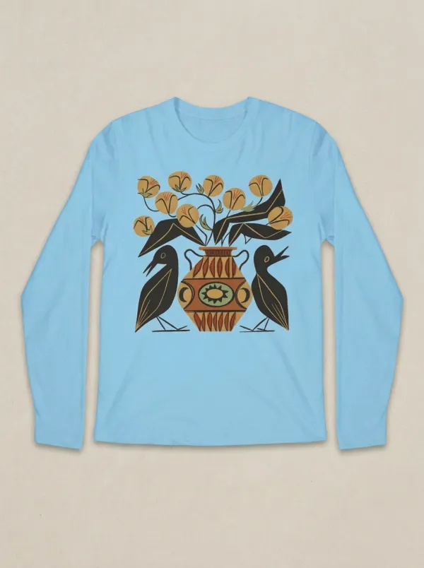 Unisex Folk Art Bird And Floral Vase Long Sleeve Shirt