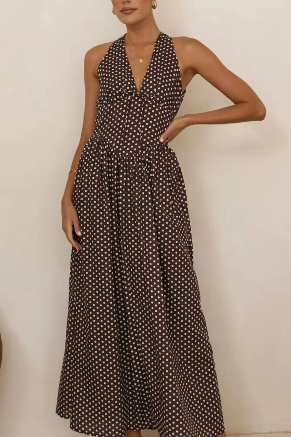 Classic Halter Polka-Dot Maxi Dress
