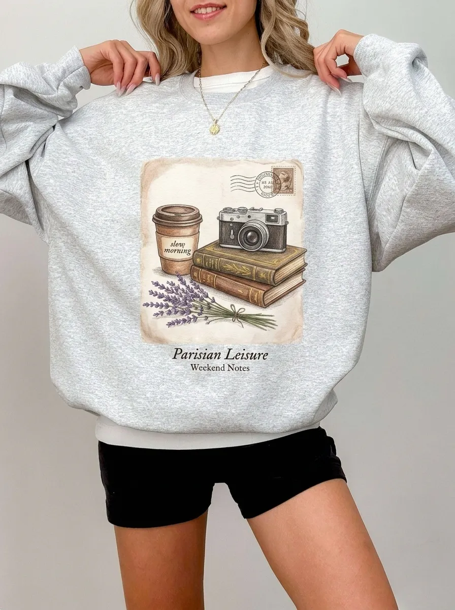 Women's Parisian Leisure Camera Coffee Books Printed Sweatshirt