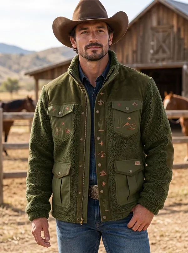 Prairie Ridge Cactus Mountain Embroidered Detail Men's Western Fleece Jacket