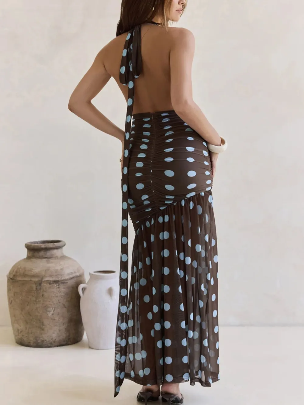 Ruched Halter Polka-Dot Maxi Dress