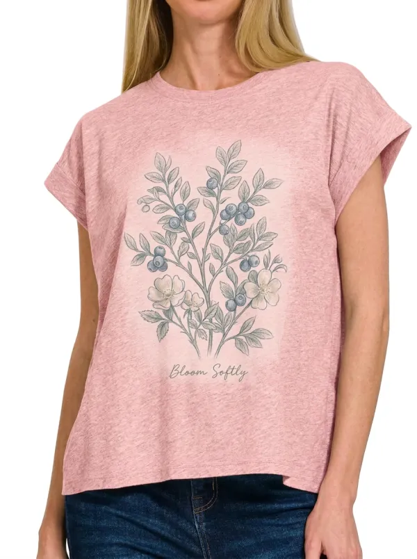 Women's Nature Lover Blueberry Floral Bloom Softly Printed T-shirt