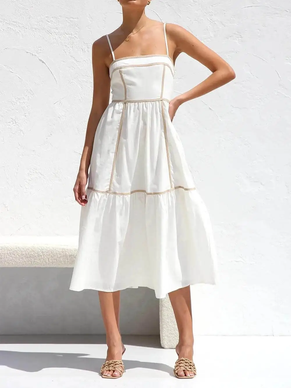 Contrast Trim Adjustable Straps Midi Dress
