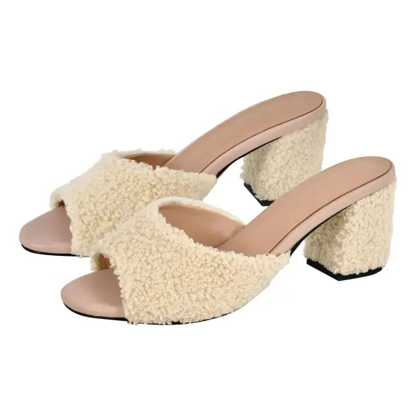 Round Toe Chunky Heel Fur Mule Sandals