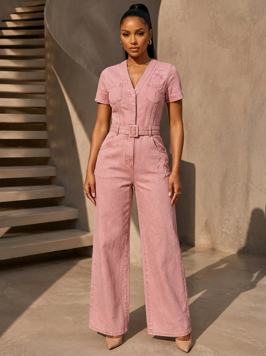 Pink Casual Floral Embroidered Denim Jumpsuit