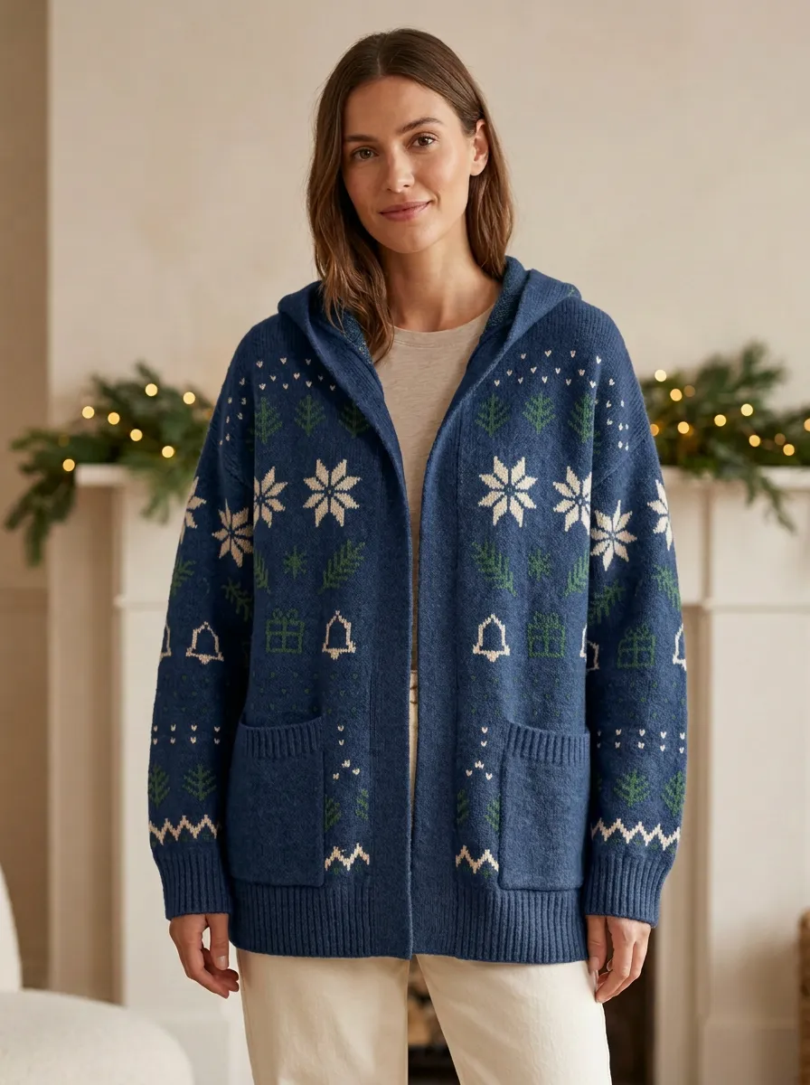 Christmas Snowflake Tree Gift Print Hooded Cardigan
