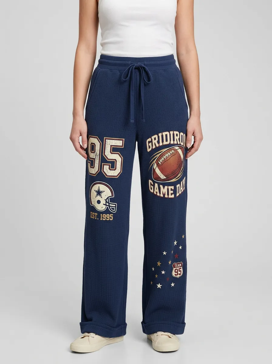 Women's Football Fan Gridiron Game Day 95 Printed Waffle Pants