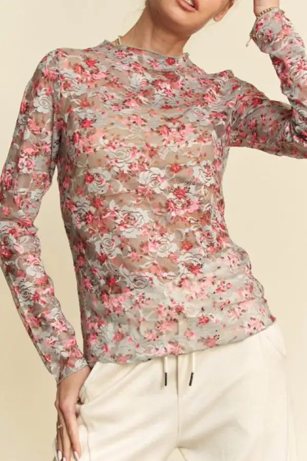 Floral Lace Ruffle Fitted Long Sleeve Top