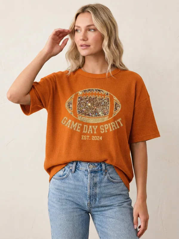 Women's Football Fan Game Day Spirit Glitter Printed T-shirt