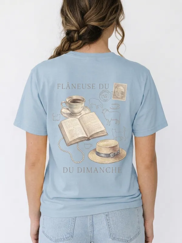 Women's French Aesthetic Book Coffee Sheep Printed T-shirt