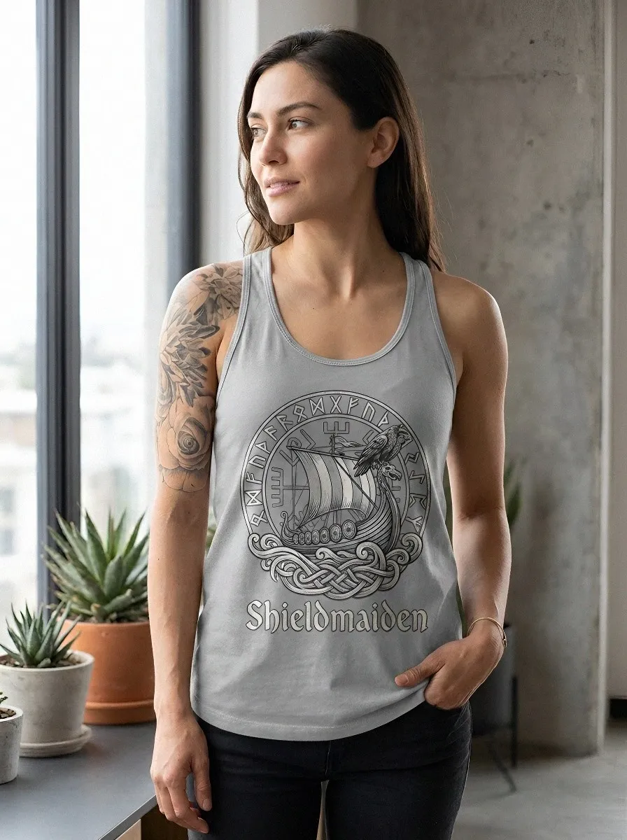 Women's Viking Shieldmaiden Raven Longship Printed Tank Top