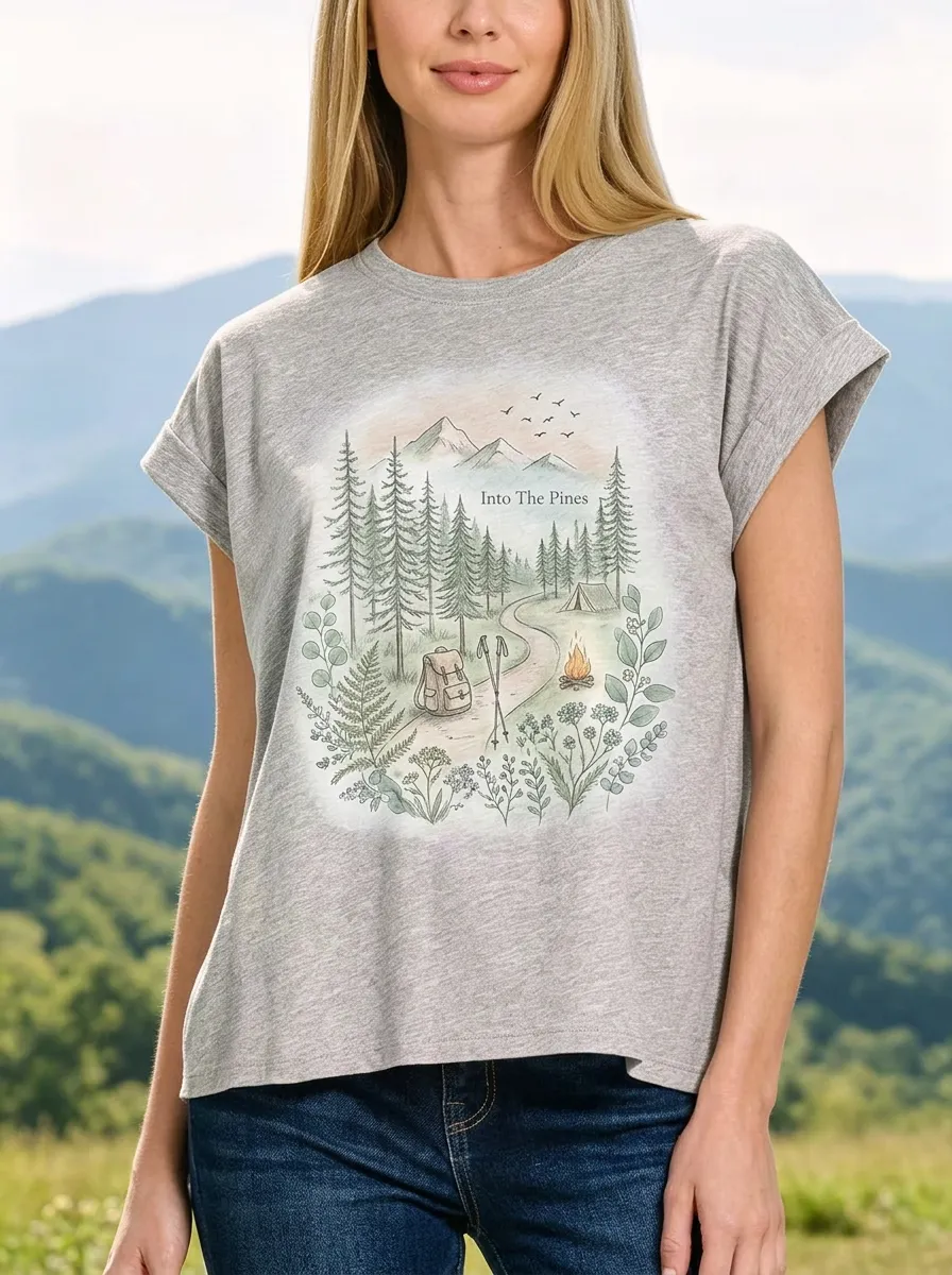 Women's Nature Camping Lover Mountain Pine Forest Printed T-shirt