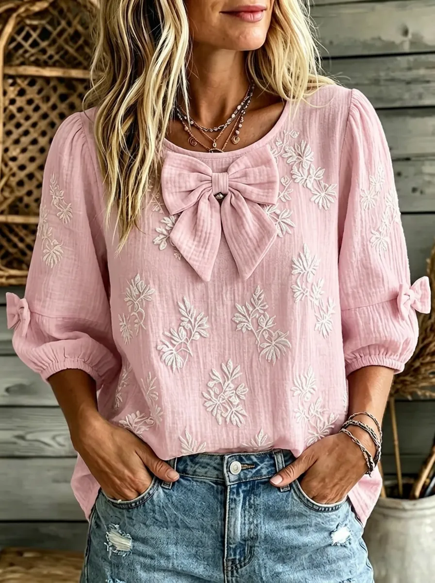 Women's Round Neck Bow-detail Three-quarter Sleeve Blouse