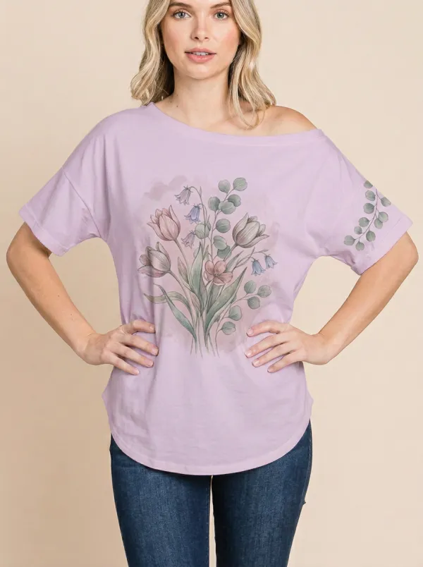 Women's Botanical Floral Tulip Eucalyptus Printed T-shirt